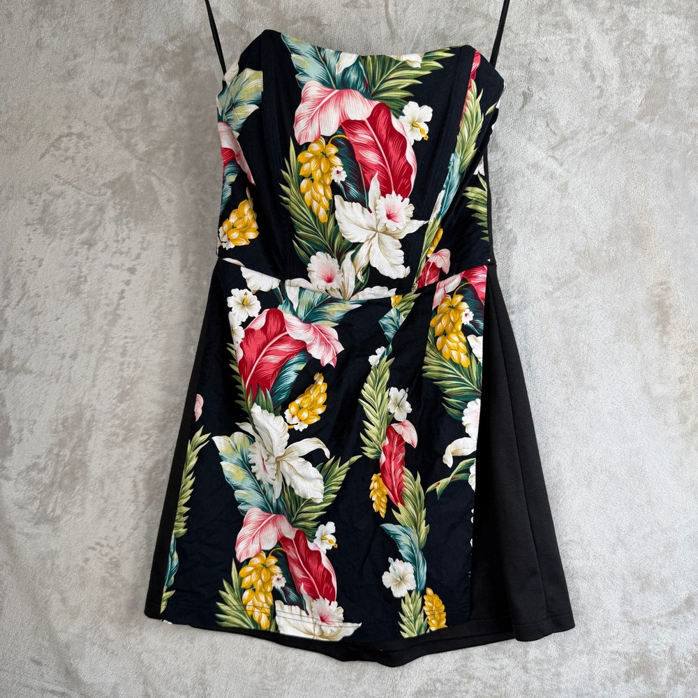 Hawaiian Tropical Floral Strapless Wrap Front Mini Dress Black Red luau island